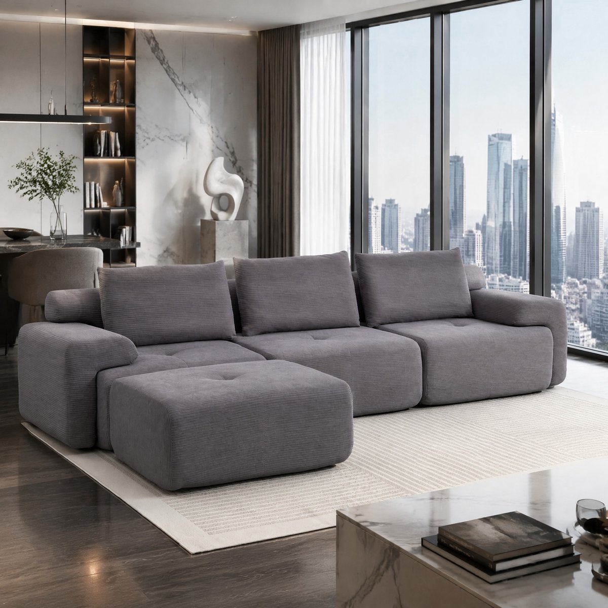 DESMIU Hoekbank – 3-Zits – Modulaire L-Vormige Slaapbank Met Traagschuim En Brede Armleuningen – Voor Woonkamer En Homeoffice – Stof – Donkergrijs