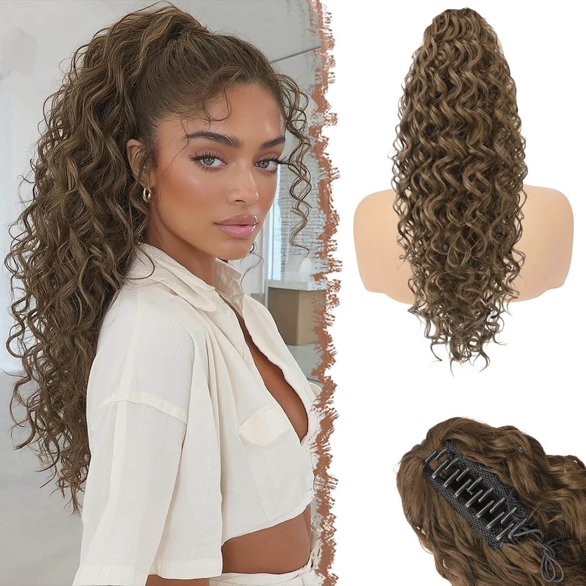 Langgolvende Ponytail Extensions - Gemengd Goudbruin Haar, Natuurlijke Synthetische Haarstukken, 65 cm voor Vrouwen met Krullend Haar