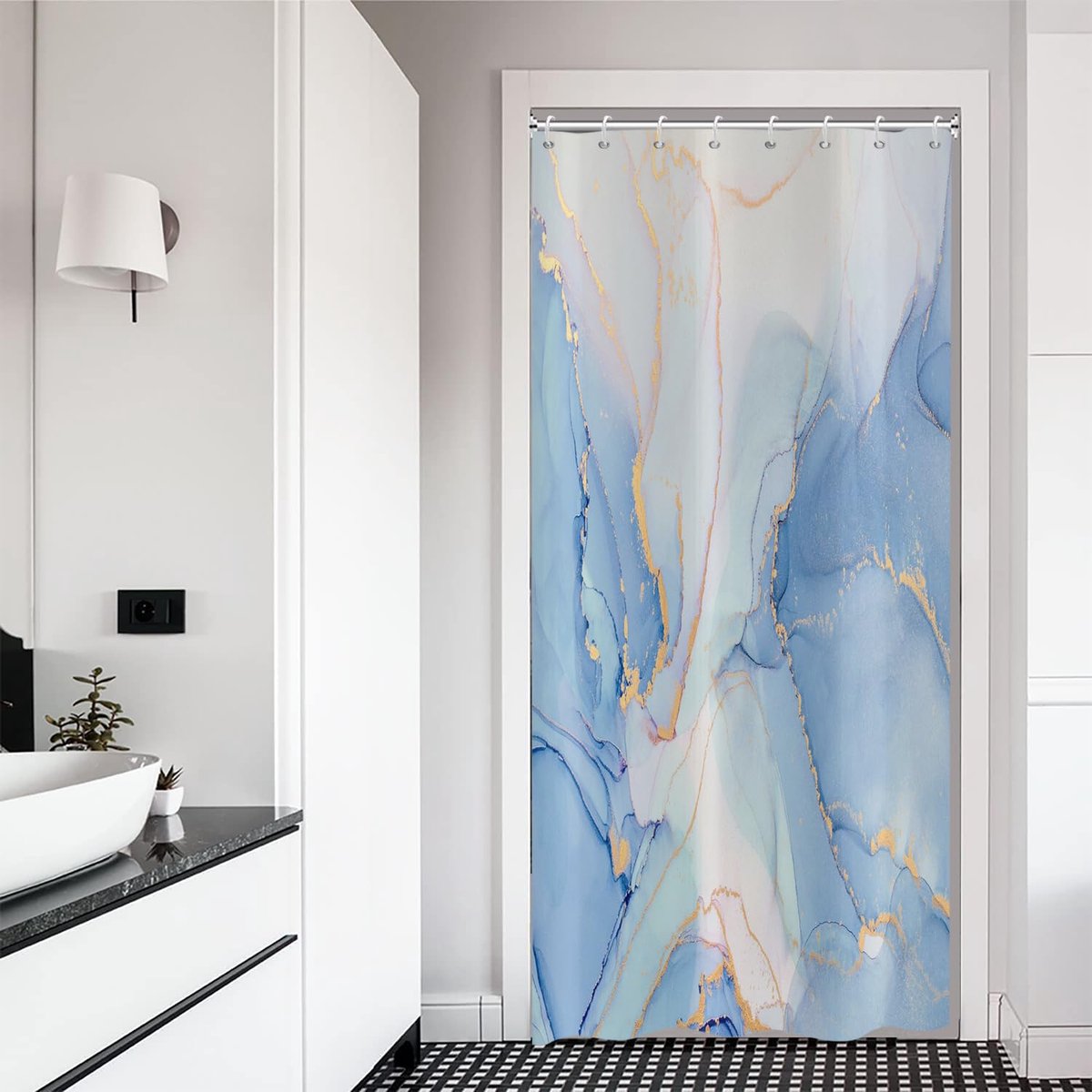 Douchegordijn modern abstract - blauw wit goud marmerlook - waterdicht en wasbaar - ShopVlot