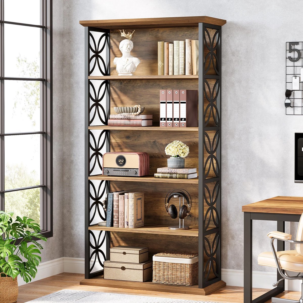 Parasha Nova Boekenkast - 6-laags hoge boekenplank - 71 inch industriële boekenkast met metalen frame - Vrijstaande open opbergplanken voor thuiskantoor