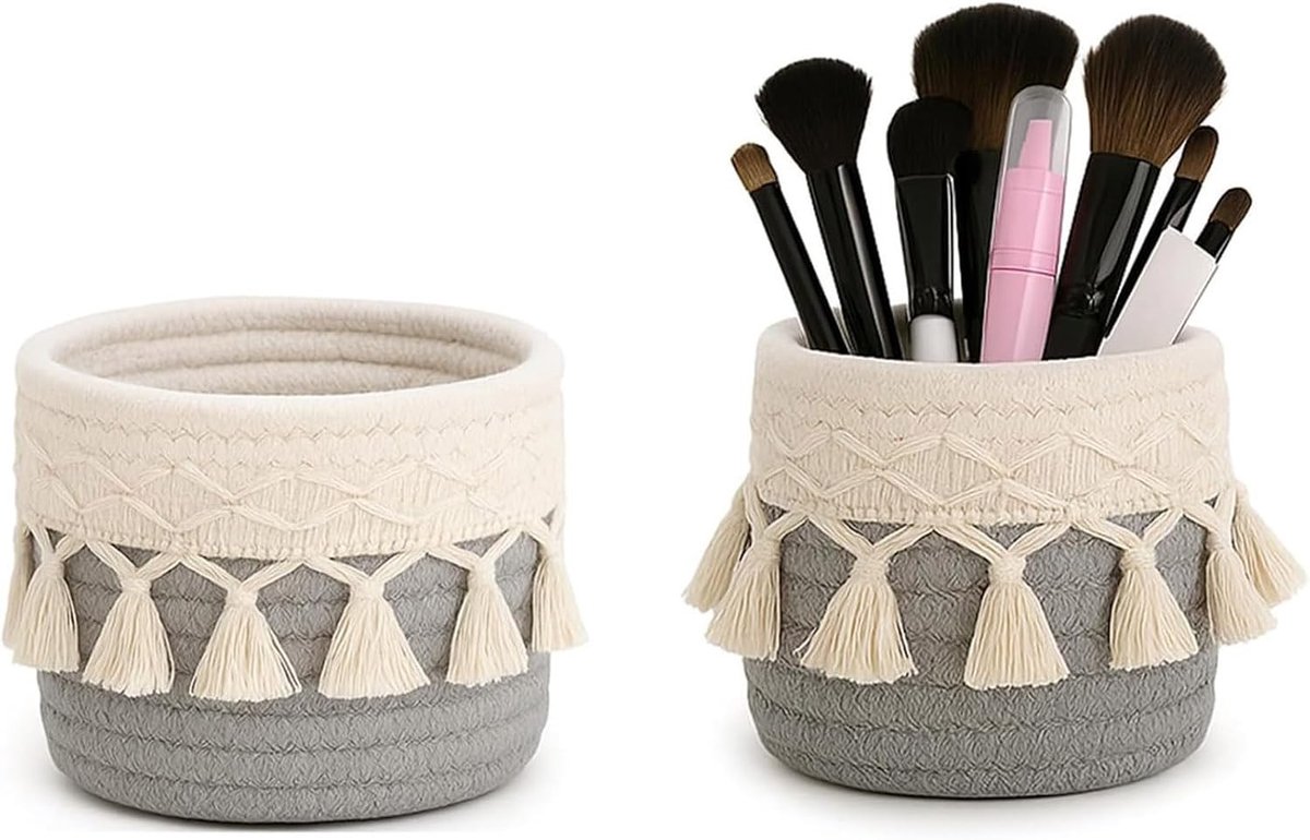 Set van 2 grijze penseelhouders, boho opbergmanden voor make-up, gevlochten manden en cosmetica-organizer voor make-uptafel en kwasten