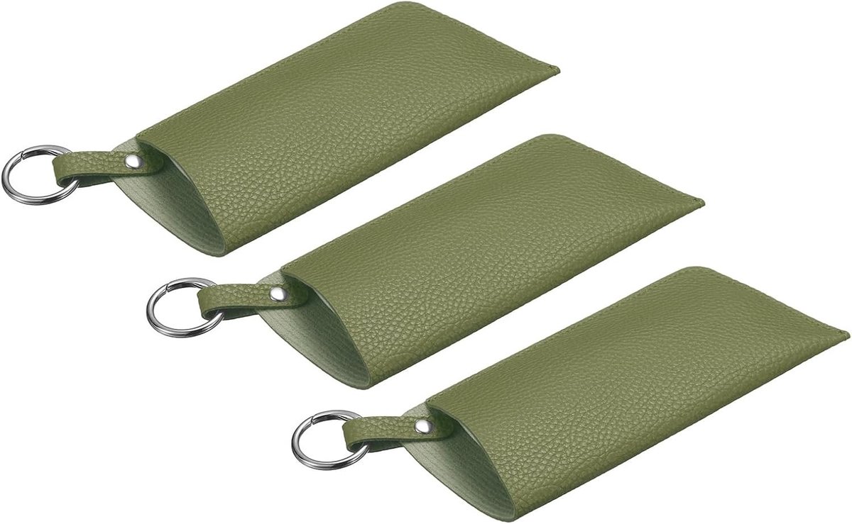 3 Stuks Zachte Leren Brillenkokers met Riemclip, Draagbare Etui voor Reisbril in Bonengroen