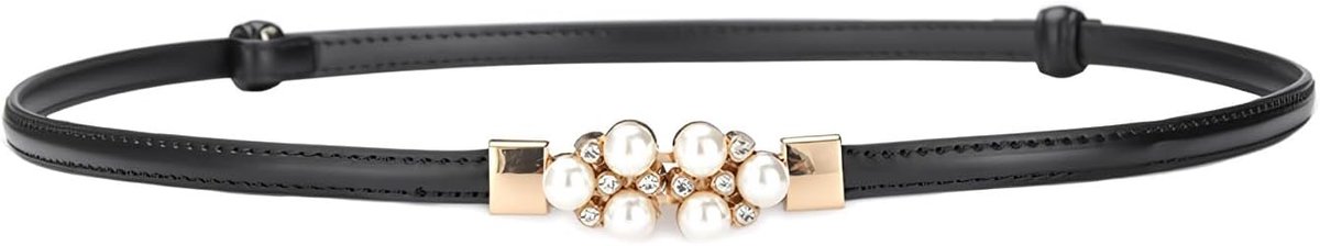 Dunne Leren Tailleband voor Dames met Parels en Metalen Gesp - Verstelbare Modegordel voor Jurken, Jeans en Jassen