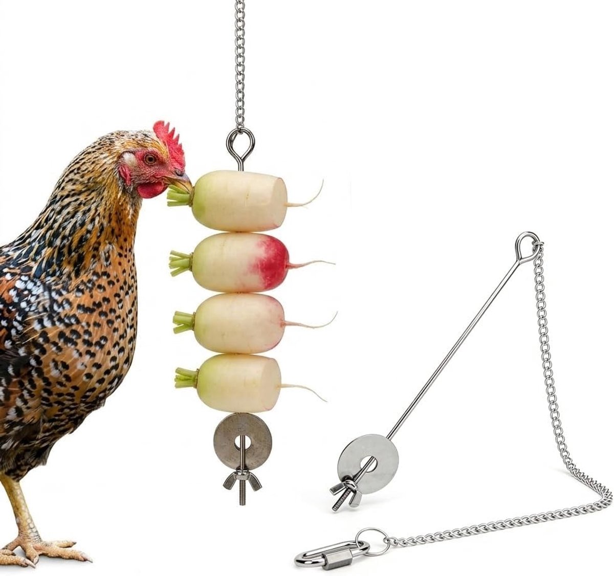 Hanging Voederdispenser voor Kippen, RVS Groente- en Fruitprikker met Haken, Kippenaccessoires en Speelgoed voor Gezonde Voeding