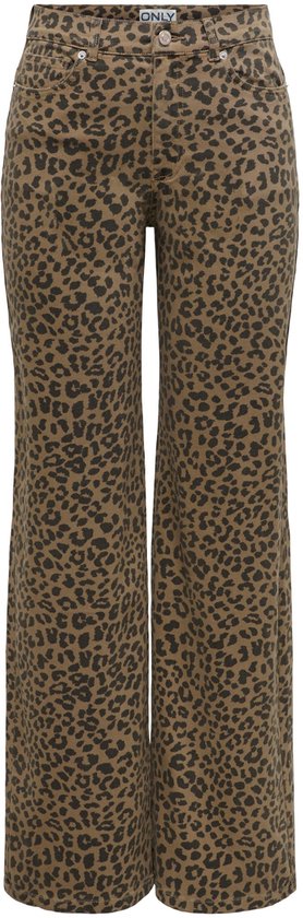 Bruine jeans met zwarte luipaardprint, wijde pijpen, met knoop- en ritssluiting, met riemlussen.