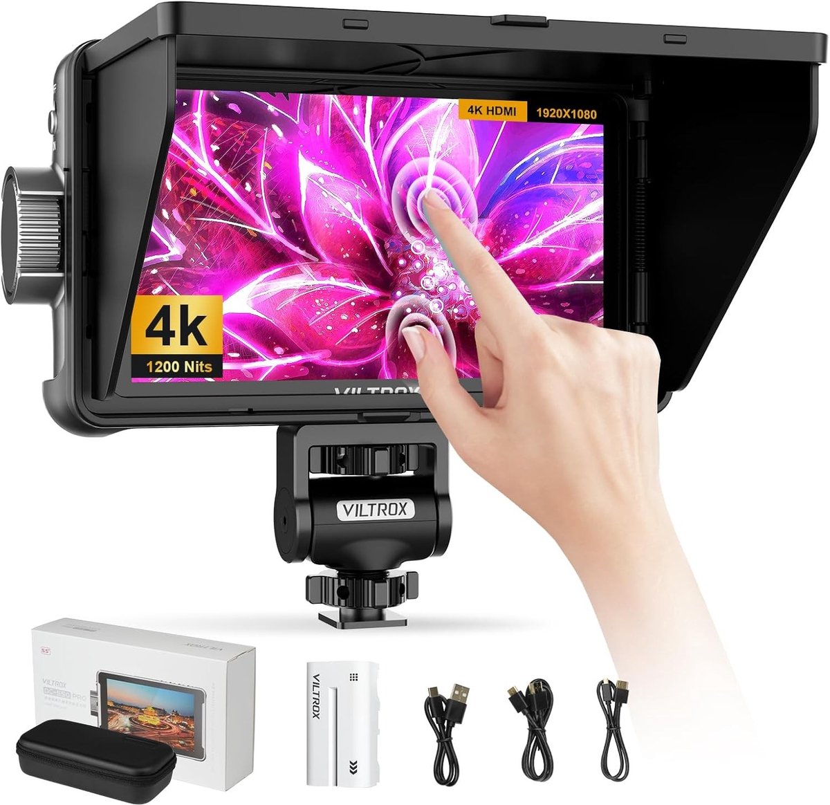 Professionele 5.5 Inch Touch Screen Video Monitor met On-Camera Output, Exposure en Focus Assistant, 1200 Nits Helderheid voor DSLR Camera's zoals Sony en Canon