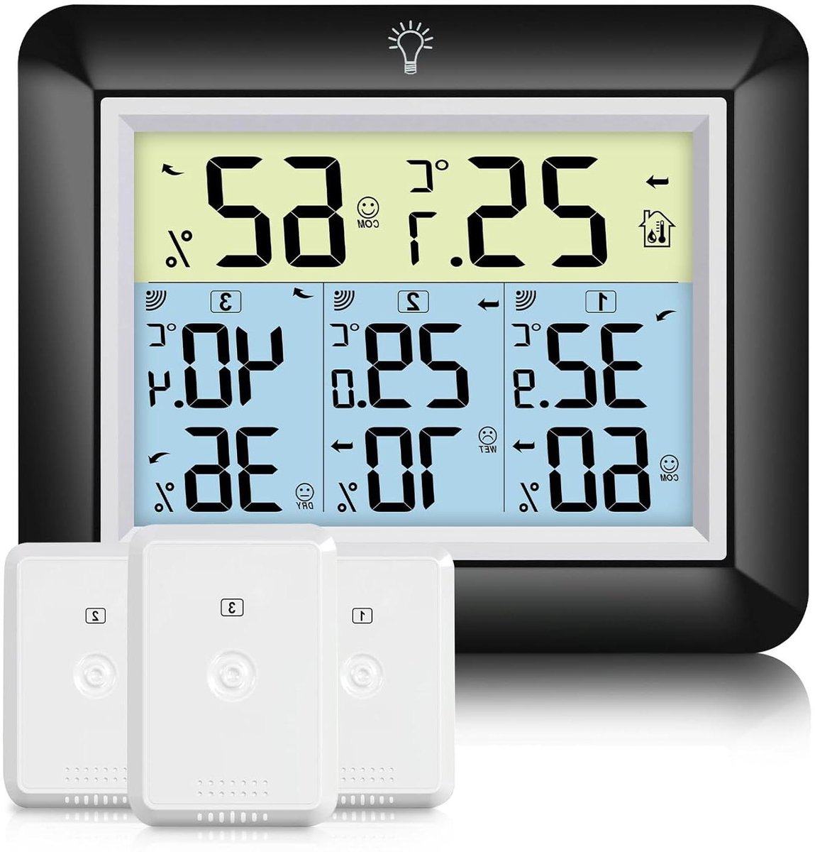 Draadloze thermometer - Weerstation hygrometer - Klimaat bewaken - 3 buitensensoren - 100 m bereik - Zwart
