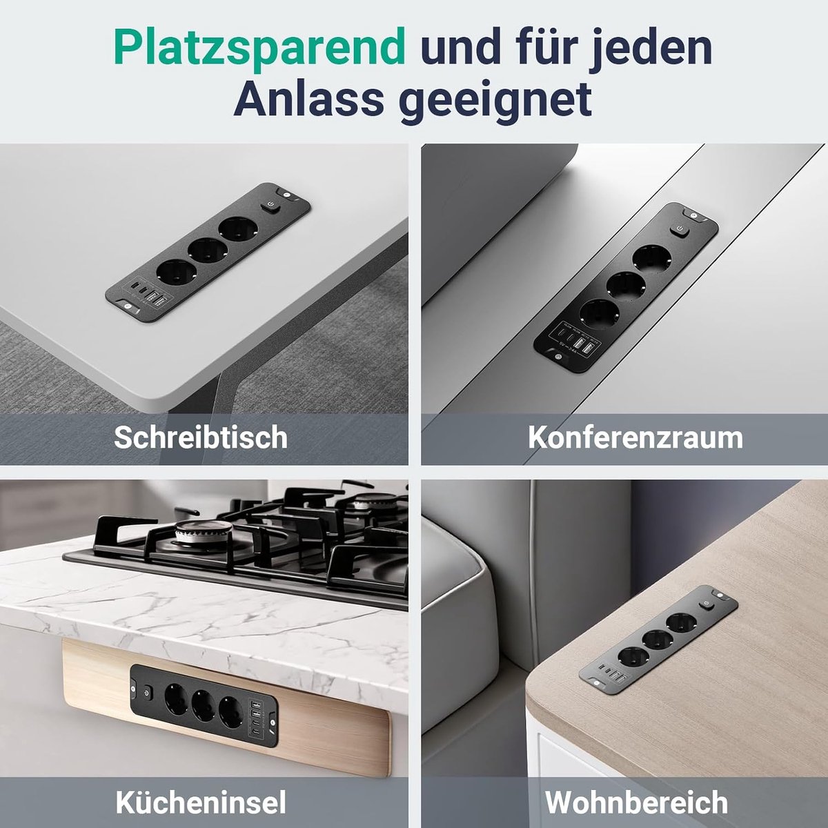 Verzonken inbouw tafelstopcontact, 3-voudige stekkerdoos met overspanningsbeveiliging, 4 USB (2x USB-C 20W PD + 2x - ShopVlot