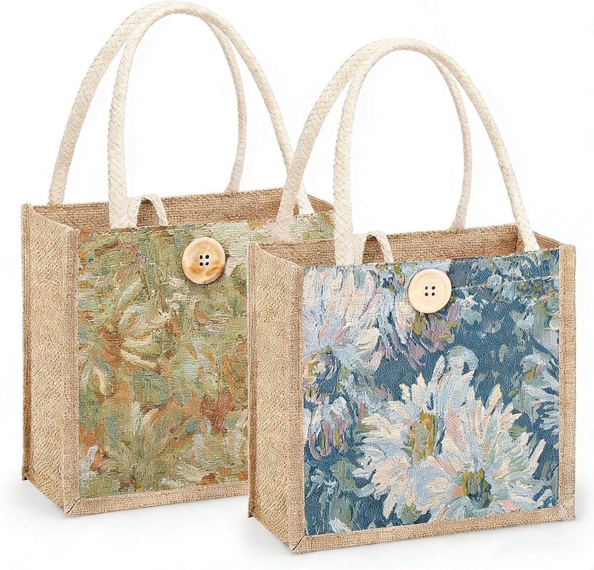 Herbruikbare Jute Tas Set van 2, Kleine Tote Tas voor Vrouwen, Ideaal voor Winkelen, Cadeaus en Reizen, Milieuvriendelijke Shopper met Handvat