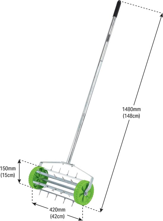 Gazonbeluchter Trommel - Grasbeluchter Aerator - Gazon Verzorgen - Met 27 Spikes - 450 mm Werkbreedte - Zilverkleurig — afbeelding 2