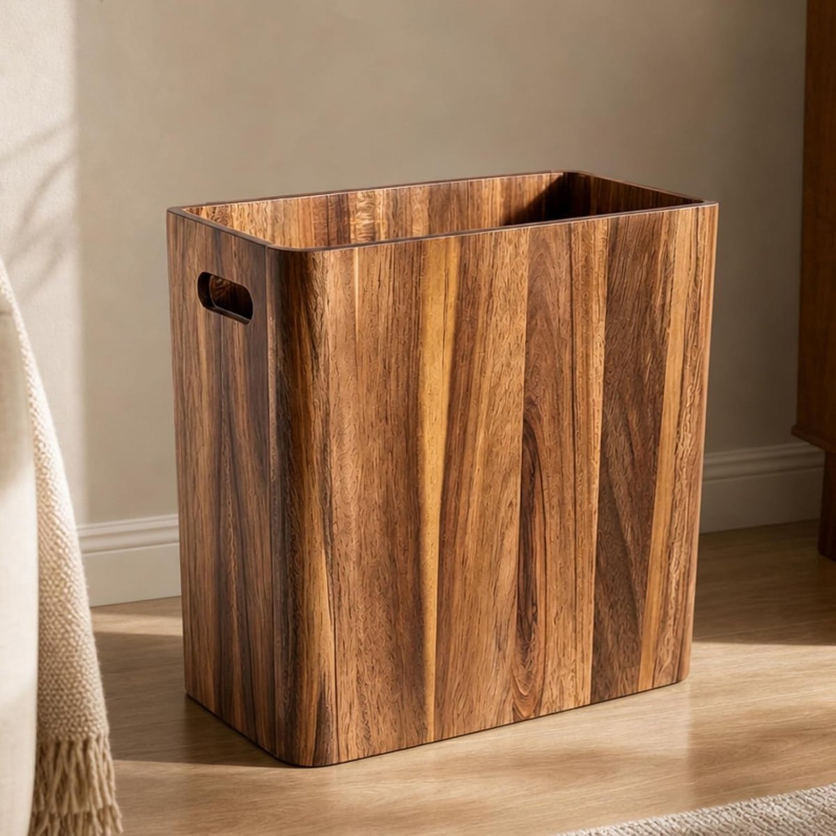 Houten Afvalemmer 10 Liter - Stevige Rectangular Prullenbak met Handvatten voor Slaapkamer, Badkamer, Keuken en Kantoor