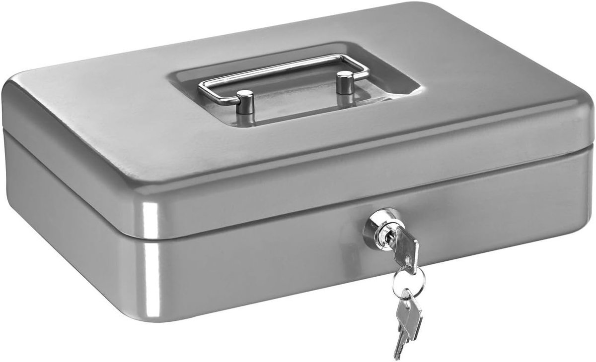 Afsluitbare Geldkist - Zilver - 250 x 170 x 75 mm - Robuust Plaatstaal met Verchroomd Cilinderslot - Voor Huishoudens en Kantoor