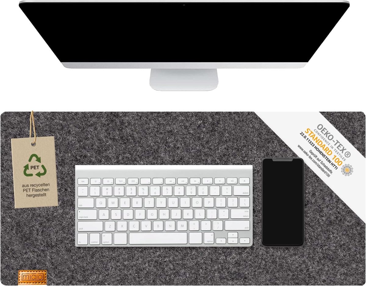 Bureauonderlegger 68 x 33 cm - donkergrijs vilt - Oeko-Tex gecertificeerd - beschermd houten tafels - ShopVlot