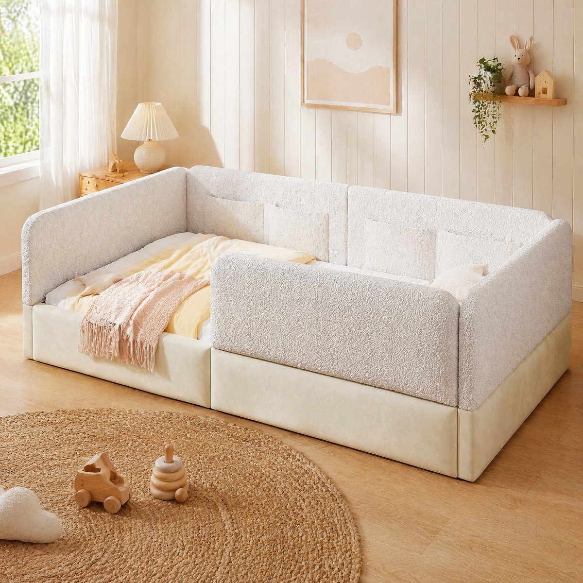 Wishdor Bedframe 90x200 cm - Gepolsterd platformbed met beschermgitter en 4 opbergvakken - Wit - MDF, stof en kunstleer - Lattenbodem, geschikt voor matras 90x200 cm