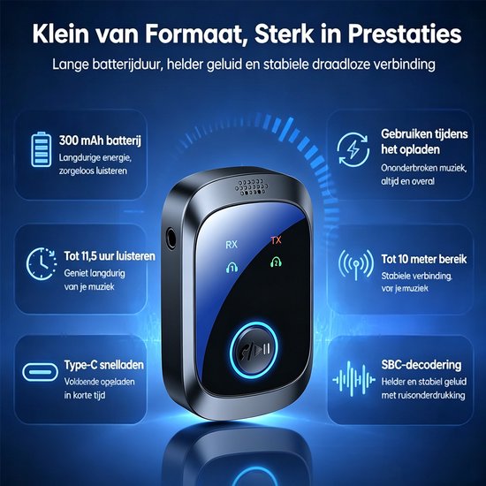 Bluetooth 5.4 AUX Adapter 2-in-1 Bluetooth Transmitter en Receiver Auto 3.5mm - Voor Auto, TV, PC, Koptelefoon - 2 Apparaten Verbinden - Vrije Muziek & Handsfree Gesprekken — afbeelding 3