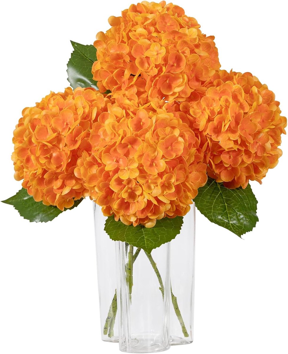 JHA Kunst Hortensia Bloemen 3 Stuks – Hydrangea Takken – Real Touch Kunstbloemen – Decoratieve Zijdebloemen voor Vaas, Woonkamer, Bruiloft & Tafeldecoratie Oranje