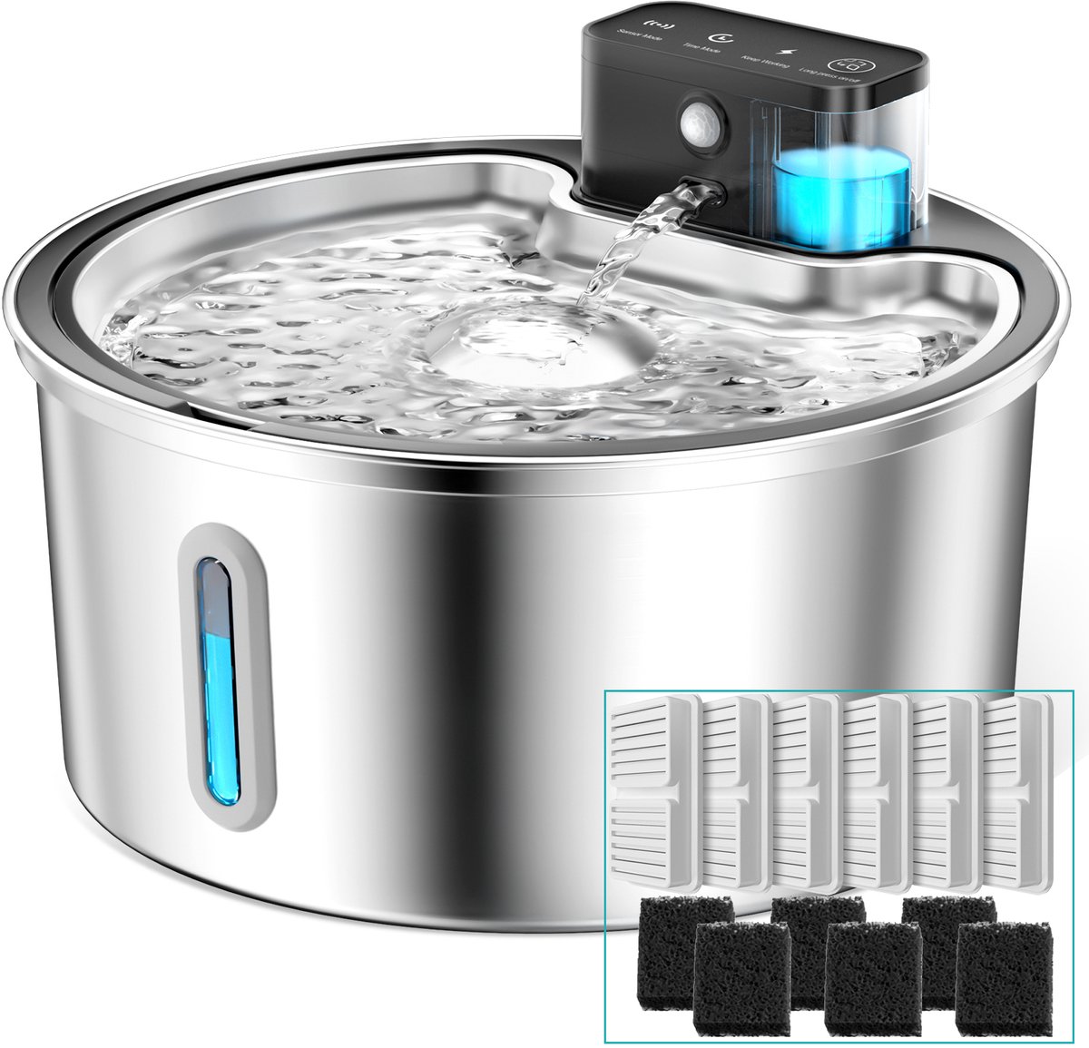 PAWPOLL Max Drinkfontein 3.2L - RVS - Draadloze - met Sensor - Drinkfontein Hond en Kat - Waterfontein - Inclusief 7 Filter en 7 Sponzen - Kattenfontein - Fluisterstil - Zilver