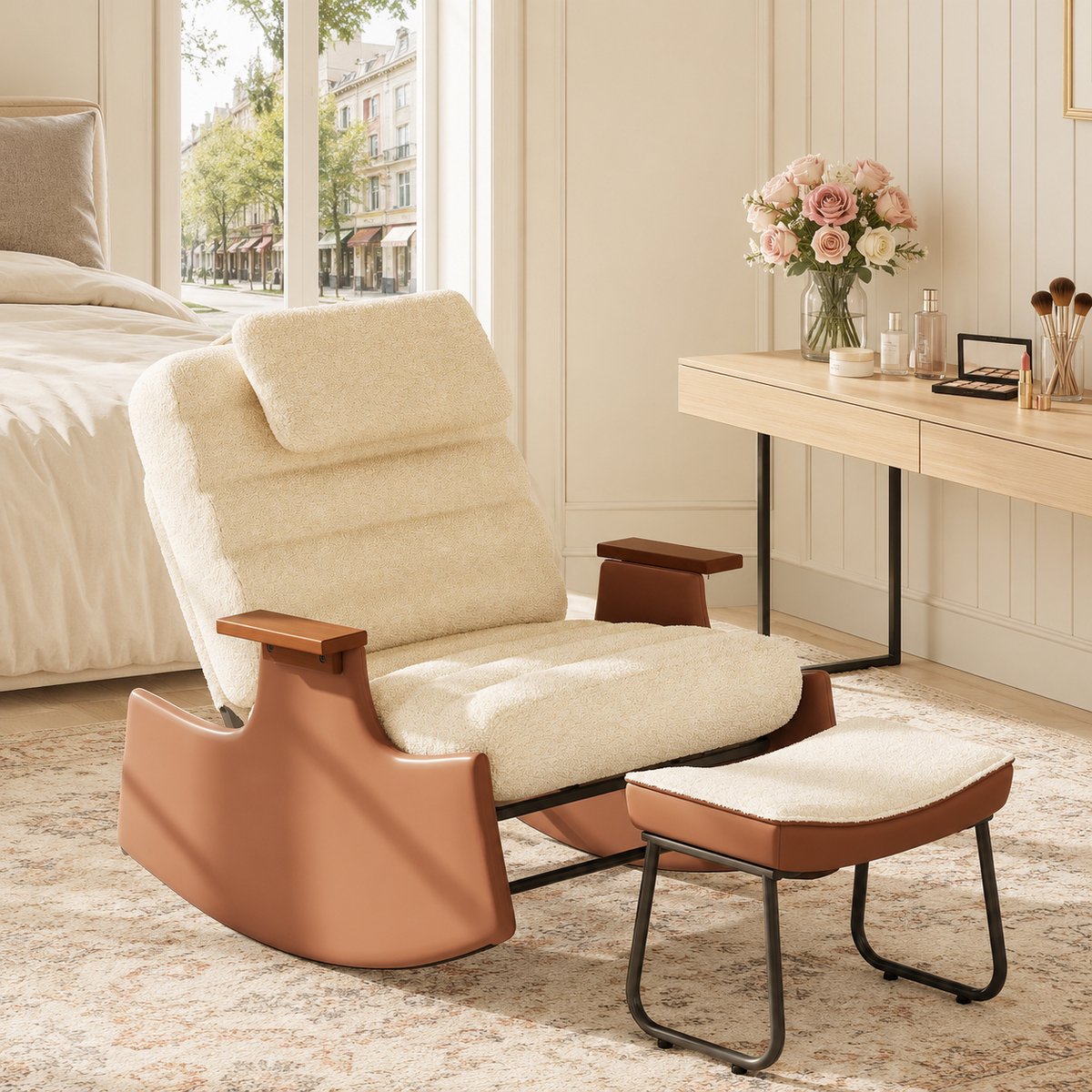 Schommelstoel - 3 Posities - met Voetbank en Hoofdkussen – Fauteuil voor de woonkamer - Voedingsstoel voor de babykamer –loungestoel - Relaxstoel - TV-stoe - teddy stof - Beige