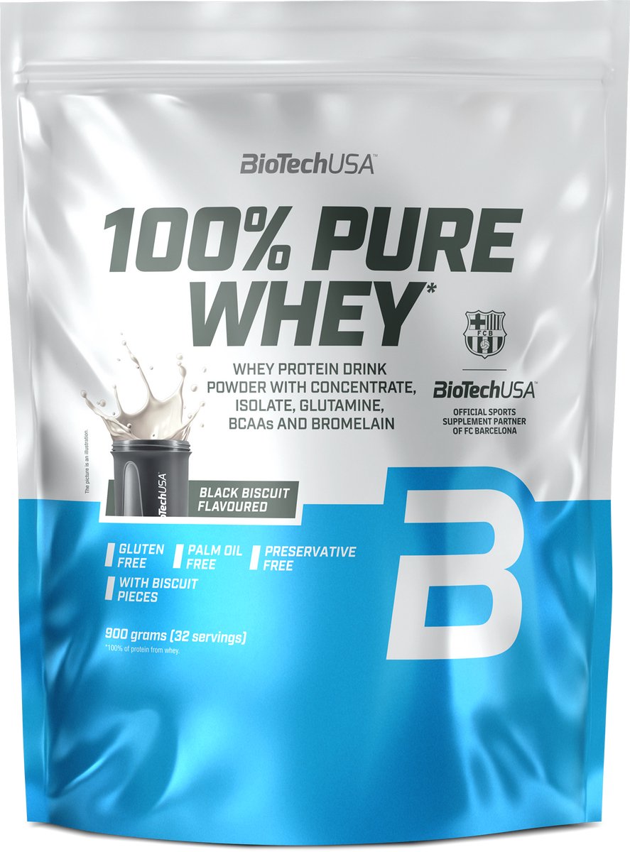 BioTechUSA 100% Pure Whey | Eiwitpoeder met BCAA en Glutamine | Glutenvrij, Palmolievrij | 21g Eiwit per portie, 900 g, Zwart Biscuit