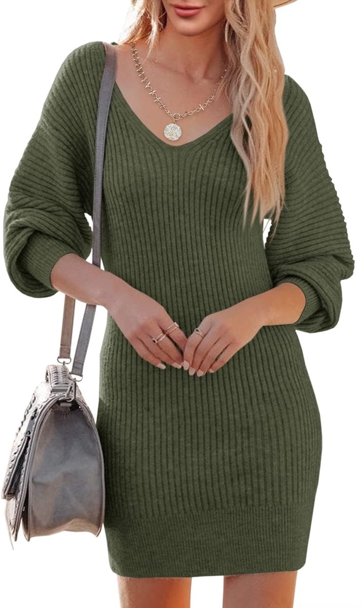 Dailygoods- Gebreide Jurk V-hals - Casual Jurk - Lange Mouwen - Mini-lengte - Ballonmouwen - Zacht en Elastisch Materiaal - Trui