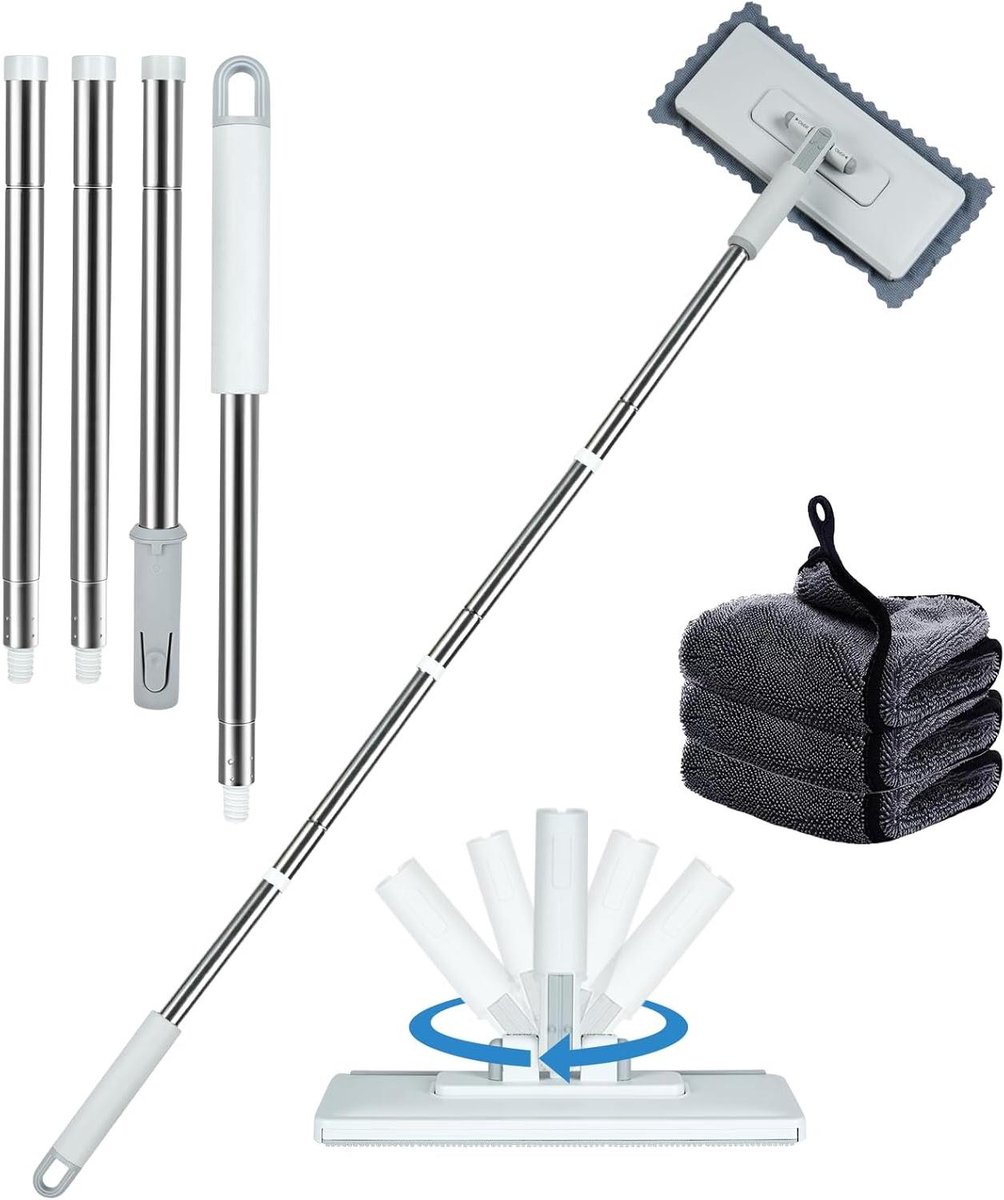 Raamwisser Mop - Glastrekker Reiniger - Ramen Schoonmaken - 360 Graden Draaibaar - 1.2 m Verlengbaar - Grijs