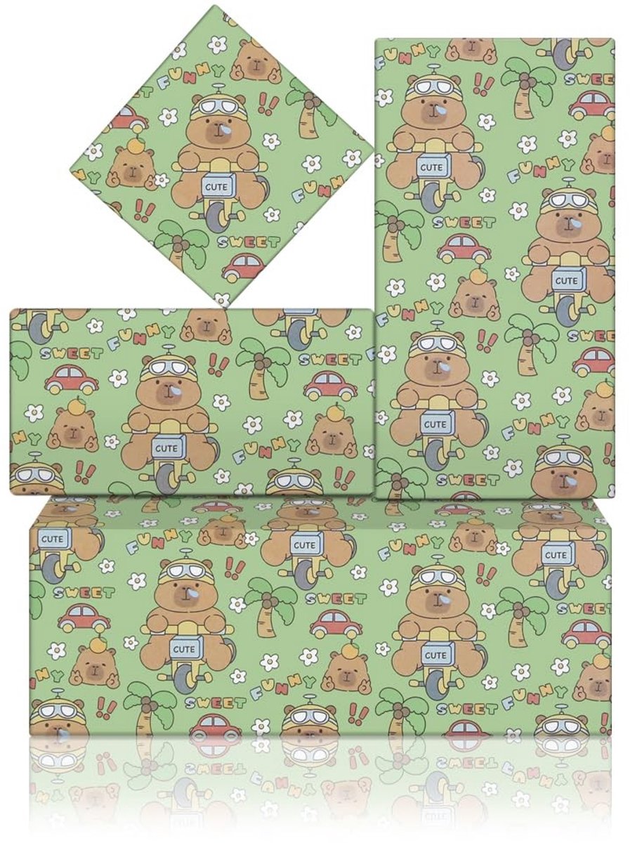 Dailygoods- Cadeaupapier Schattige Capibara - Inpakpapier Kinderen - 4 Vellen - 50 x 71 cm - Lente/Kerstmis - Grappige Cartoon Dier