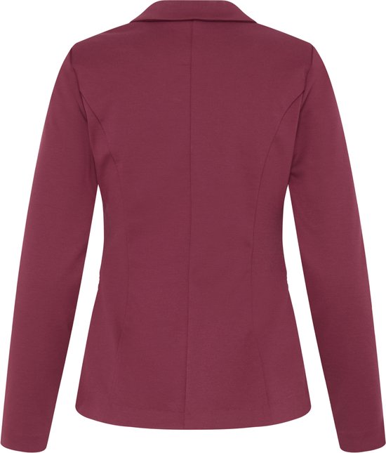 Achterkant van een bordeauxrode blazer met lange mouwen, sluiting met één knoop en opgestikte zakken.