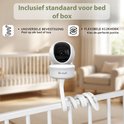 Babyfoon met houder voor bed of box, universele bevestiging en flexibele kijkhoek.