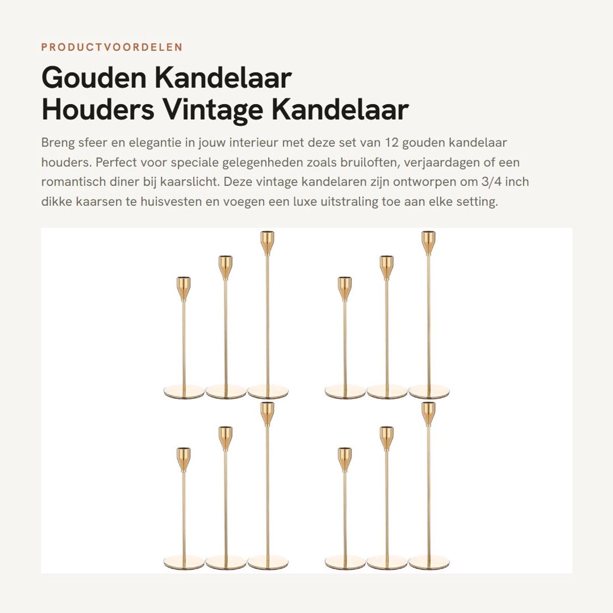 Dailygoods- Kandelaar Goud - Set van 12 - Taper Kaarsenhouders - Vintage Kandelaar - Decoratief - Hoogwaardig Metaal - 3 Maten - Kaarsenstandaard