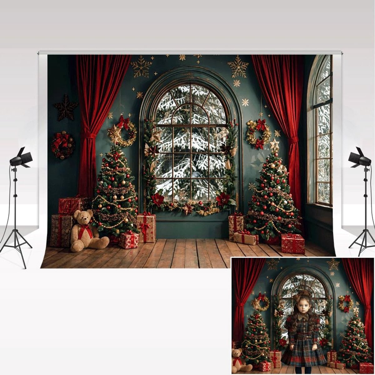 Dailygoods - Fotografie achtergronden - Kerst decoratie - 2,2 x 1,5 m - Rood en donkergroen - Microvezel Fotostudio Achtergrond - Geschikt voor Kinder...