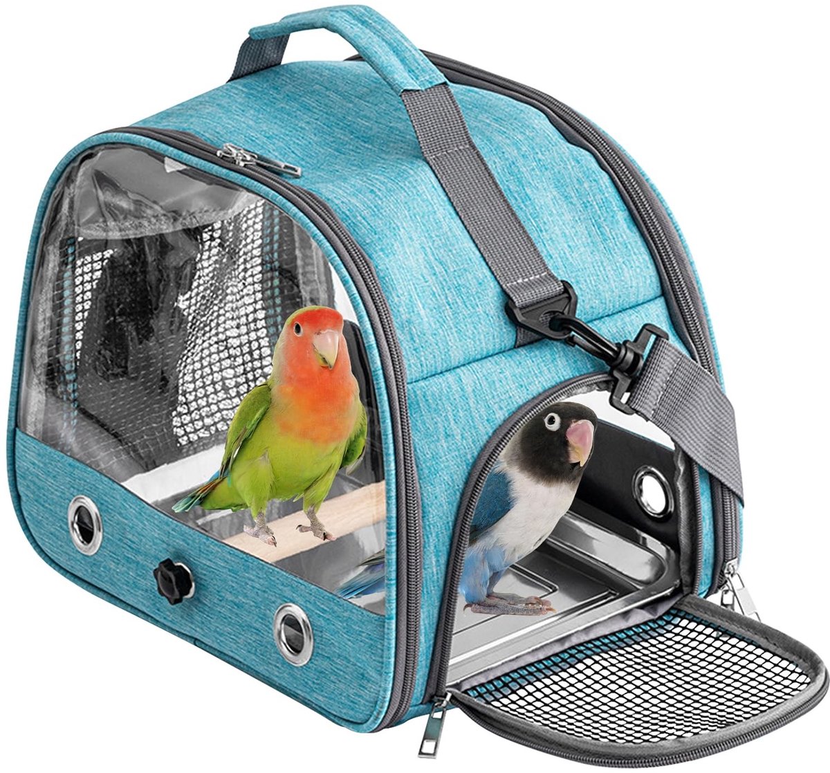 Dailygoods- Vogelkooi Draagbaar - Draagtas met Staanstang - Roestvrijstalen Dienblad - Ultralicht 0,68 kg - Ademend Gaas - Transparant Venster - Vogeldraagtas