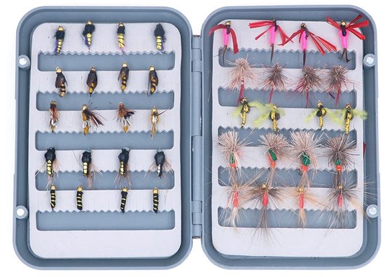 Dailygoods- Vliegvissen Set 40-delig - Droge/Natte Vliegen - Nimfen/Streamers - Voor Baars/Zalm/Forel - Herbruikbare Opbergdoos — afbeelding 2