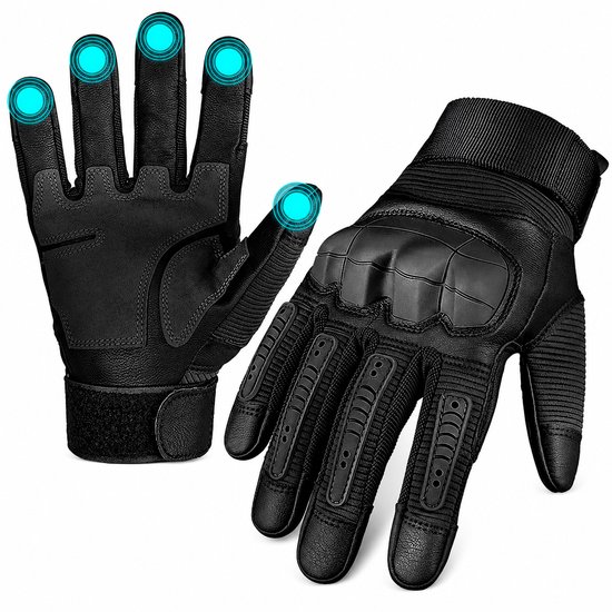 Zwarte, tactische handschoenen met versterkte knokkels en touchscreen vingertoppen, met blauwe markeringen op de vingertoppen.