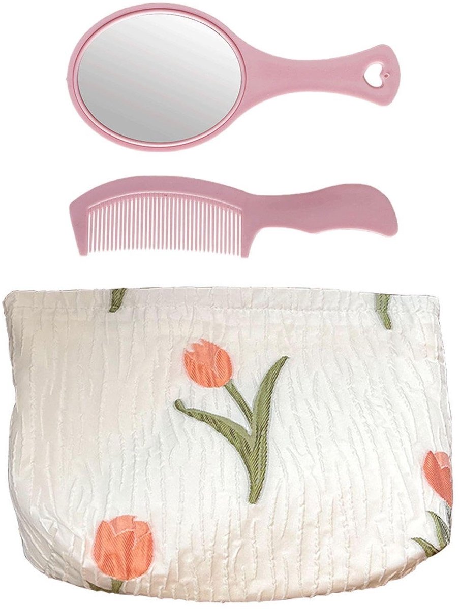 Dailygoods- Make-uptas grote capaciteit - Make-uptas met spiegel - Make-uptas tulp - Handspiegel - Kam - Waterdicht polyester - Cosmeticatas