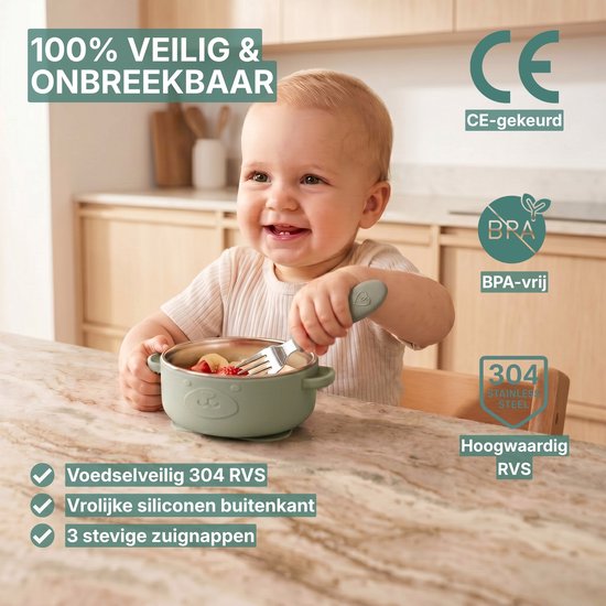 Broemba Kinderservies RVS - Baby Bord met Zuignap & 3 zuignap stickers - Kommetje met Baby Bestek - BPA-vrij Baby Servies met Lepel en Vork - Groen van Broemba — afbeelding 4