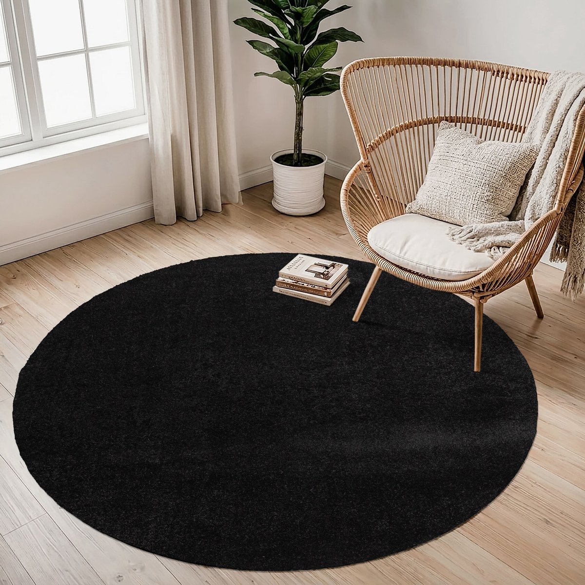 Muratap Comfy Soft - Rond Effen Vloerkleed Wasbaar Uni Zwart- 200 CM Ø