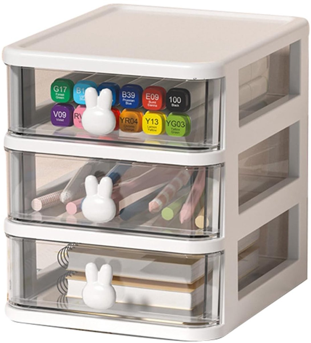 Dailygoods- Bureau-organizer grote capaciteit - Opbergdoos met deksel - Kunststof - Kleine ladeorganizer - Doorzichtig - Schattig konijnenhandvat