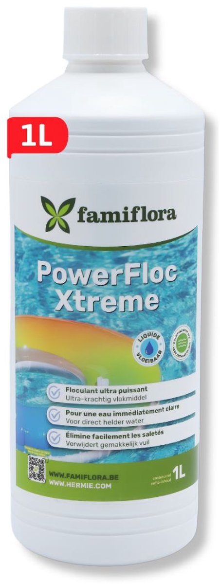 Famiflora PowerFloc Xtreme vloeibaar 1L - Krachtig vlokmiddel voor kristalhelder zwembadwater - Zet troebel water om in kristalhelder water zodat zwemmen weer plezierig wordt