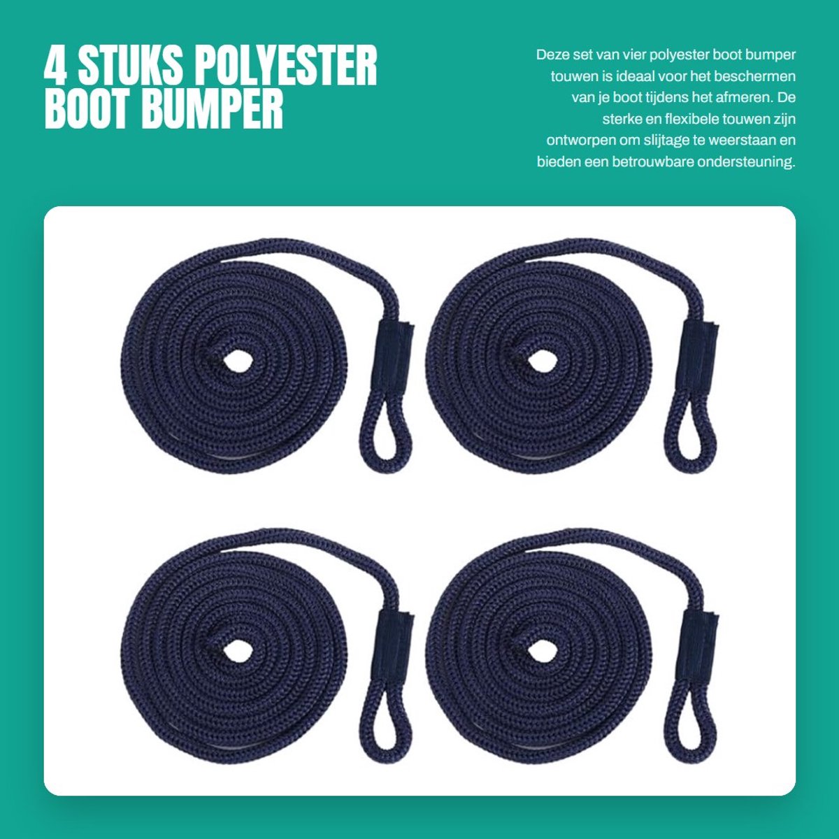 Dailygoods- Spatbord Touw 1/4" X 5ft - 4 Stuks - Polyester Gevlochten - Sterk en Flexibel - Eenvoudig te Gebruiken - Bestand tegen Slijtage - Bootlijn