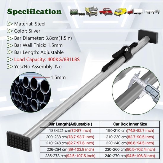 Bagagestang - Laadbeugel - Lading Zekeren - Verstelbare Lengte - 221 cm - Zilver — afbeelding 5