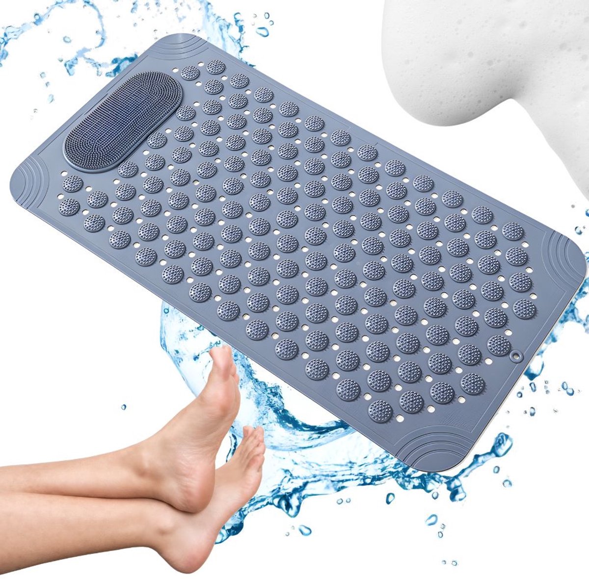 Douchemat Antislip met Zuignappen - Badmat met Voetmassage en Voetreiniger - Grijs 69 x 35,5 cm