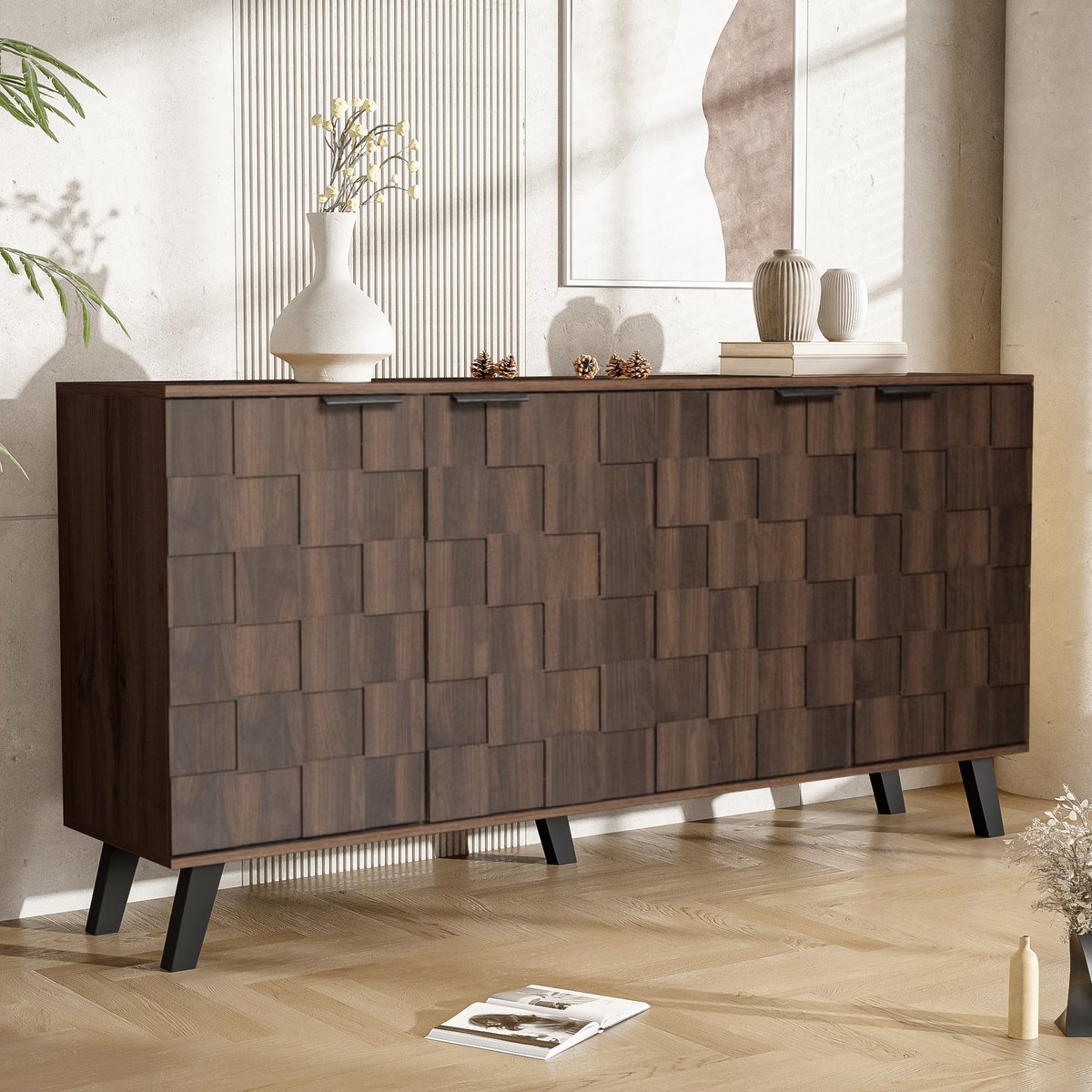 DESMIU Dressoir - Modern Opbergmeubel Met 4 Deuren En Verstelbare Planken - Voor Woonkamer Slaapkamer En Eetkamer - Spaanplaat - 160,5x35,5x78 Cm - Donkere Houtkleur