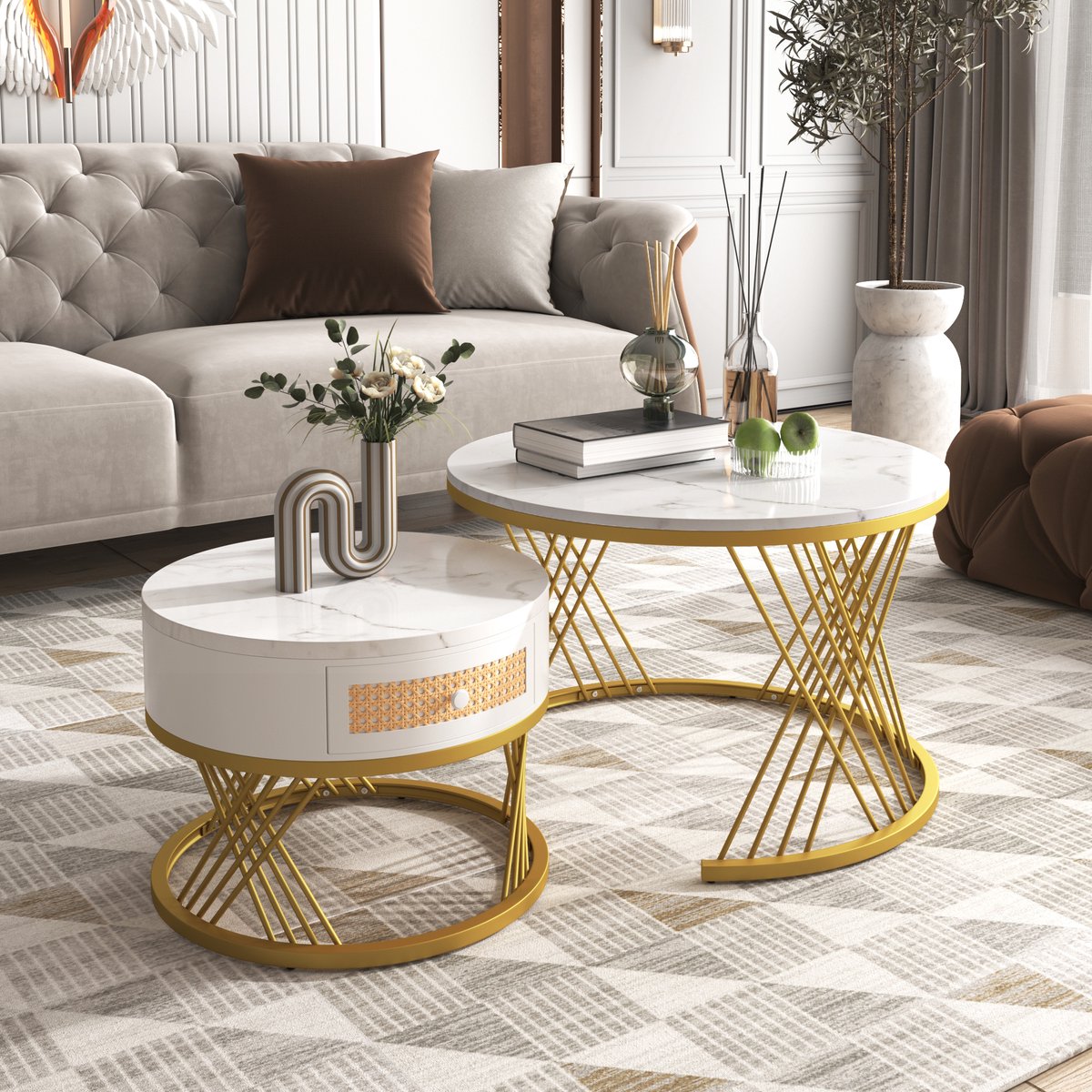 DESMIU Ronde Salontafel Set - Luxe Marmerlook Met Lade En Rieten Accent - Voor Woonkamer En Werkkamer - MDF - Wit En Goud - 70x70x45,5 En 50x50x38,5 Cm