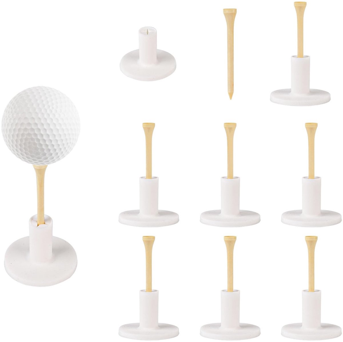 Dailygoods- Golf Tee Houder Wit - Rubberen Golf Tee - Houten Bal Spikes - 8 Stuks - 5,3x3,8cm - Voor Driving Range en Oefeningen - Golf Tees