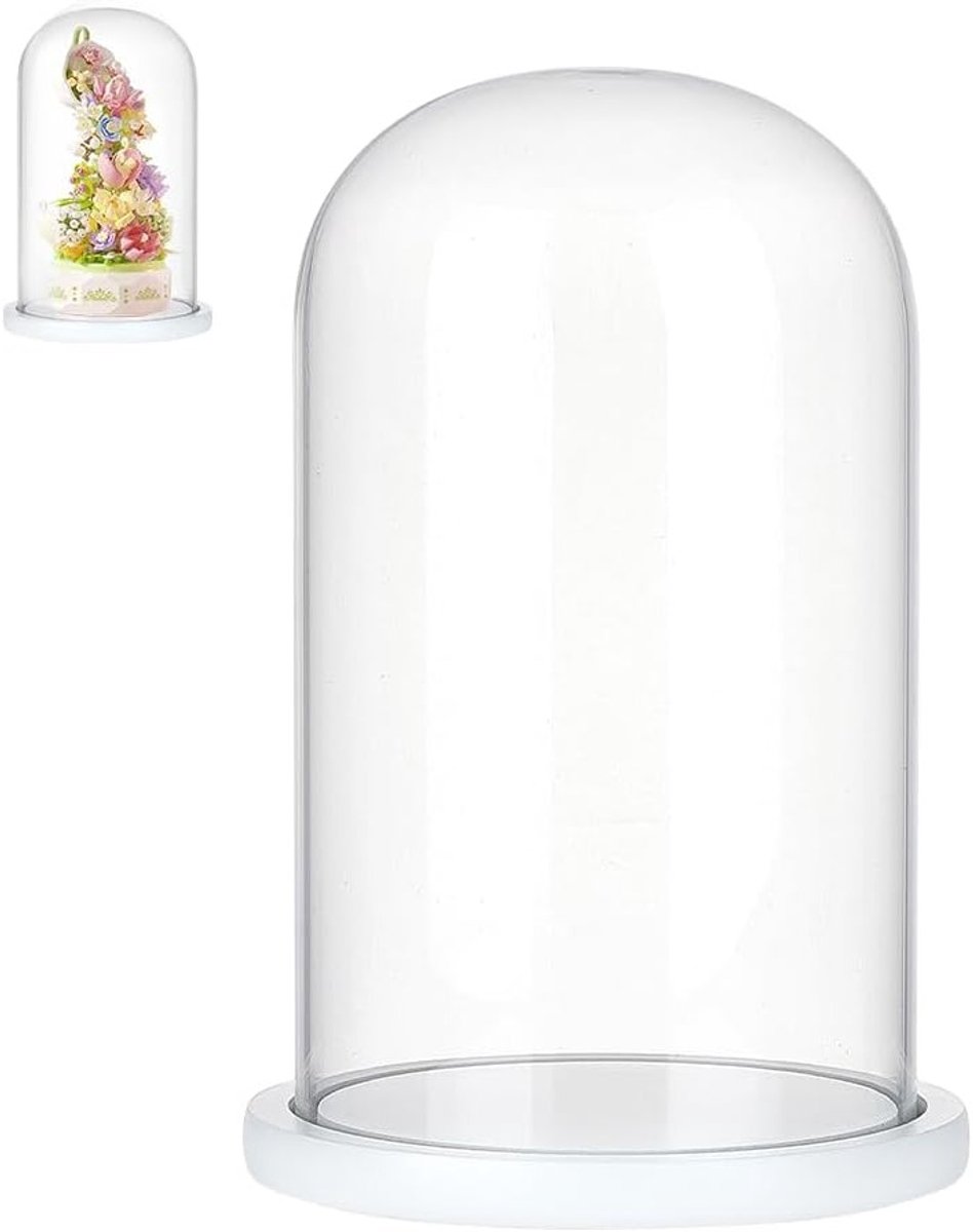 Decoratieve Glazen Koepel met Witte Houten Basis voor Verzamelobjecten en Tafeldecoratie - 15x25.5cm, Perfect voor Bloemen en Cadeaus