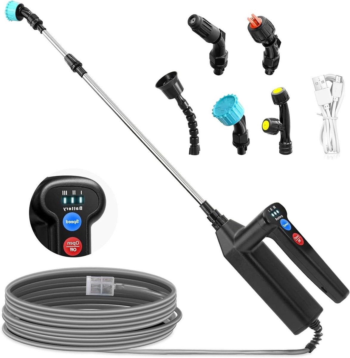 SnelShoppen - Accu Drukspuit 7.4V - Sterke Elektrische Planten Sprinkler met 5 Vernevelaars, Oplaadbare Telescopische Steel met 3 Standen, 8m Tuinslan
