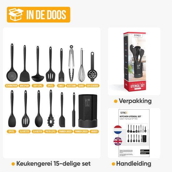 Strex Keukengerei Set met Houder 15 delig - Hittebestendig / BPA Vrij / Siliconen - Keuken Gerei