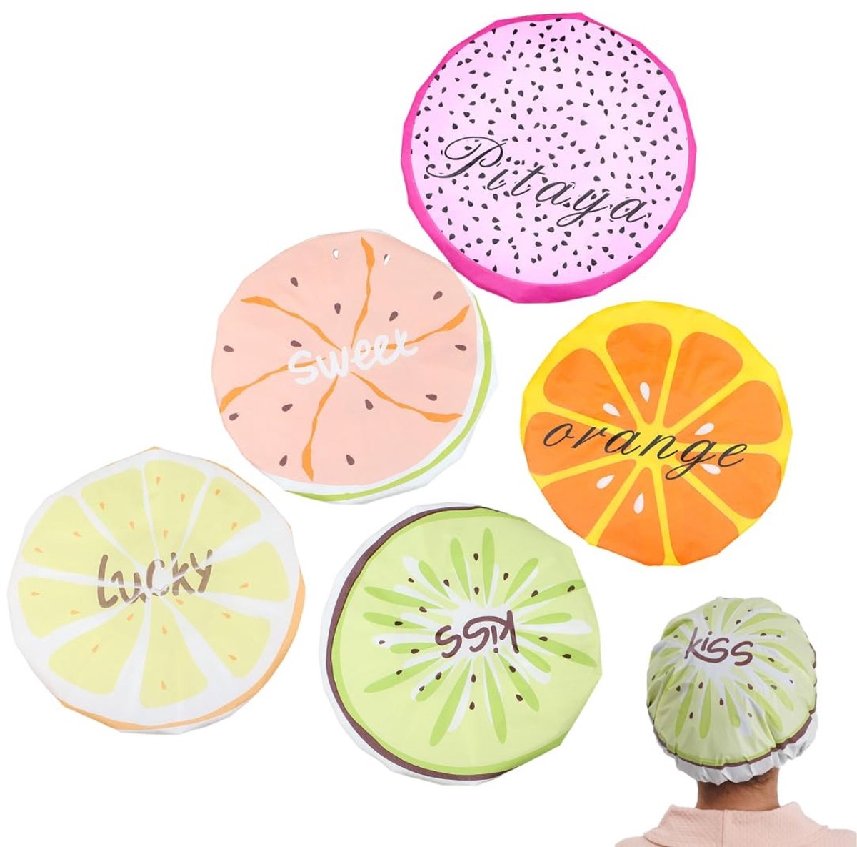 Dailygoods- Douchemuts Waterdicht - 5 Stuks - Meerkleurig Fruitpatroon - Herbruikbare Douchemutsen - Kunststof Badmuts - Lichtgewicht en Draagbaar