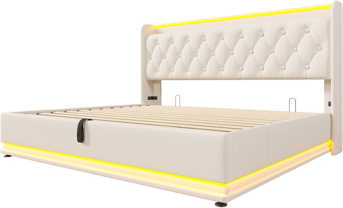 COVREO Bed 180x200 cm wit met LED, USB-C en opbergruimte, zonder matras