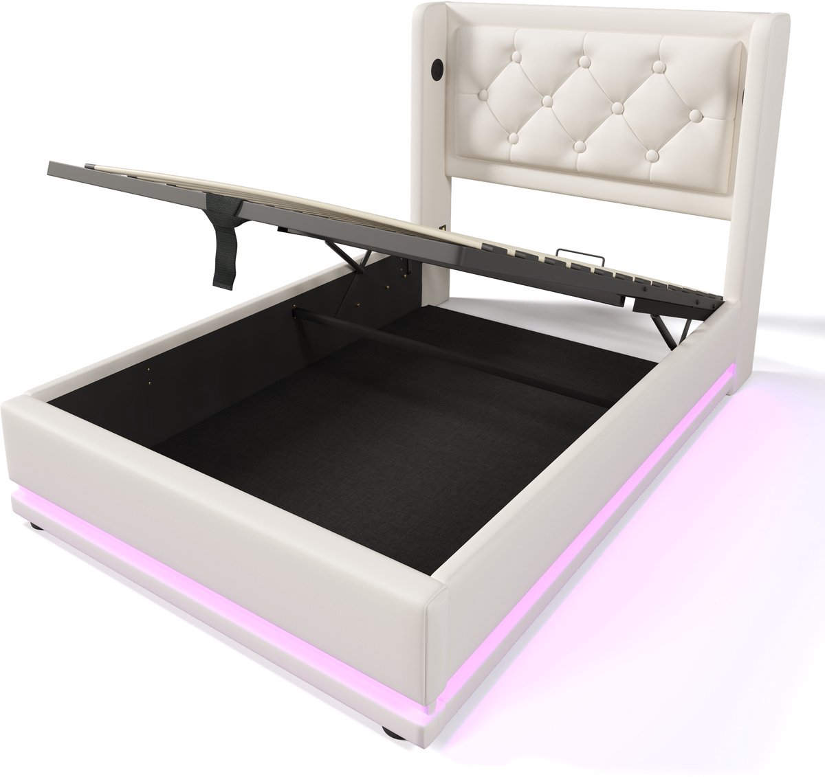 COVREO Bed met opbergruimte – 90x200 cm – Eenpersoonsbed met USB en Type-C – Slaapframe met 3-zijdige LED – Wit - zonder matras